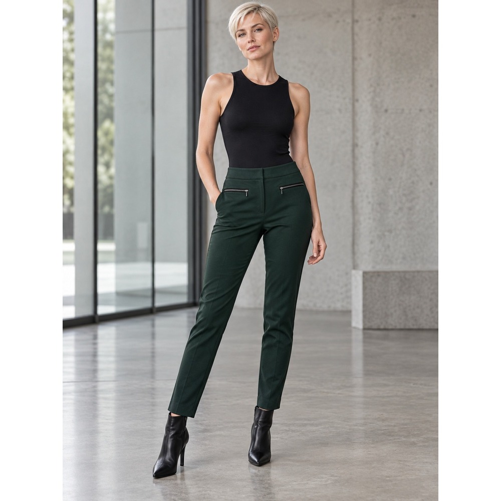 Club Monaco Womens Forest Green Slim Tapered Trousers Faux Leather Trim Size 4
